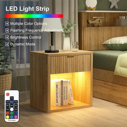 Fluted LED Nightstand with Charging Station, Drawer Side Tables, Oak -YANOSAKU