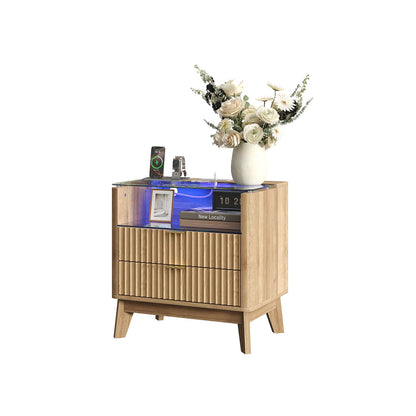 23" Fluted LED Nightstand with Charging Station, Drawers, Oak - Yanosaku