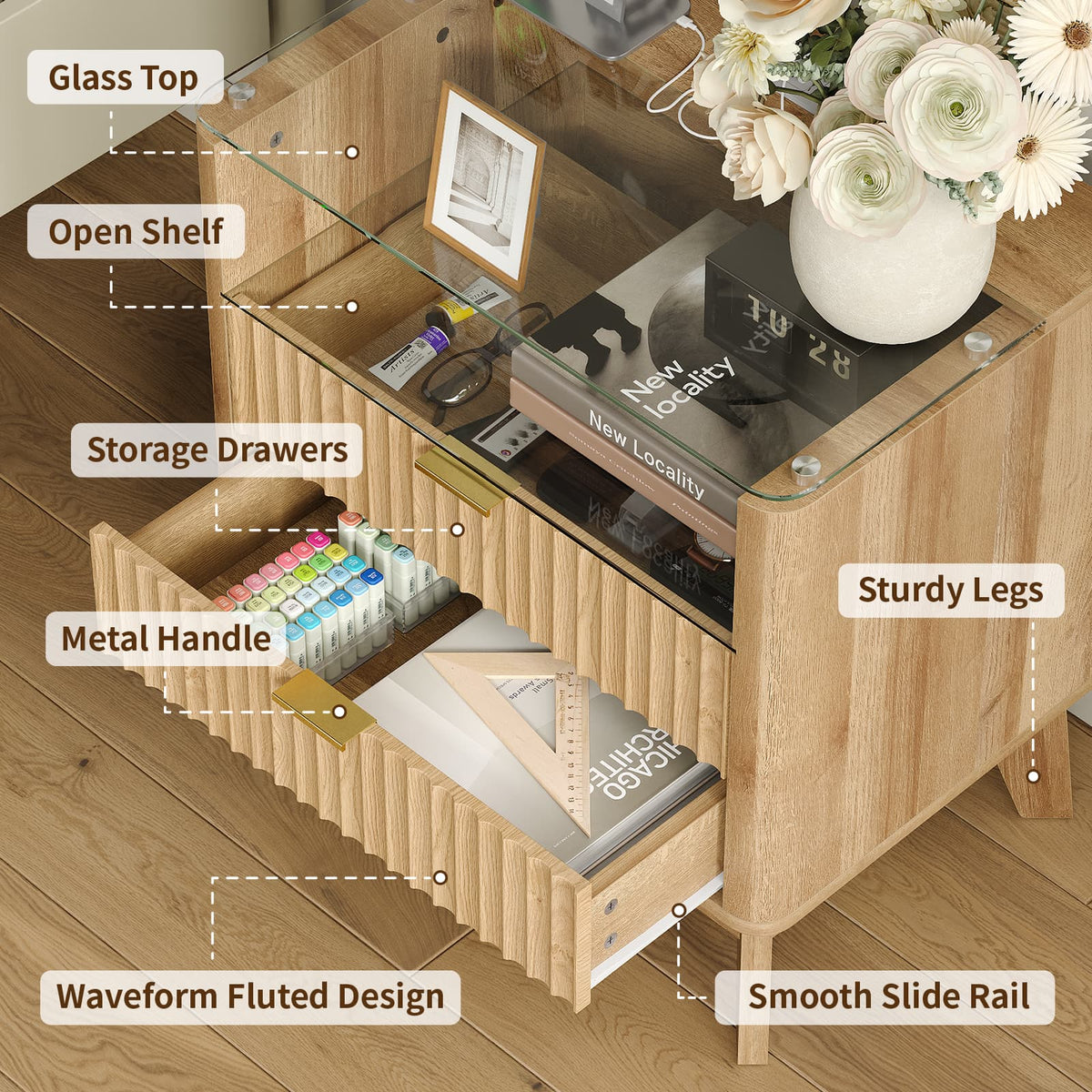23" Fluted LED Nightstand with Charging Station, Drawers, Oak - Yanosaku
