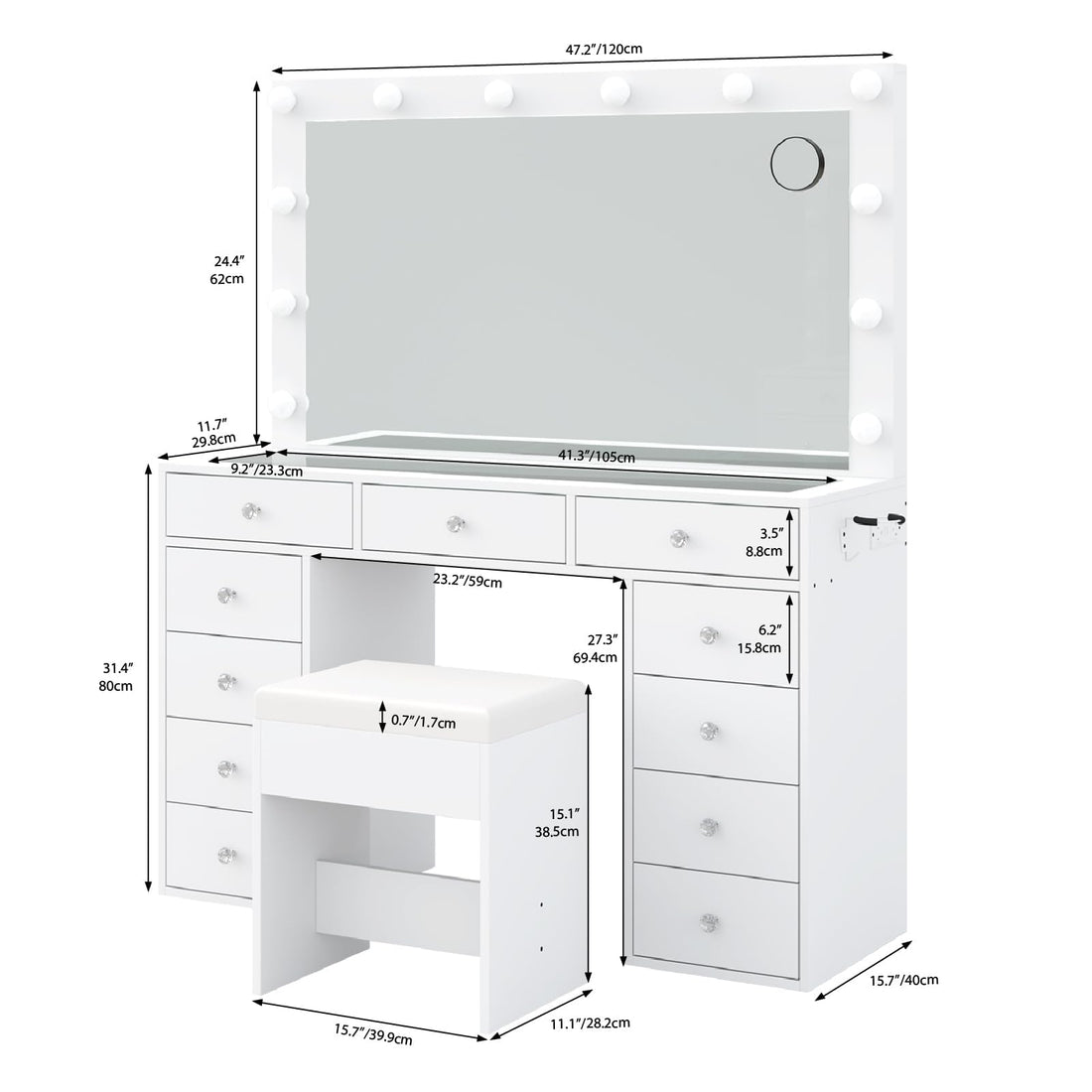 11-Drawer LED Mirror Vanity Desk - Yanosaku