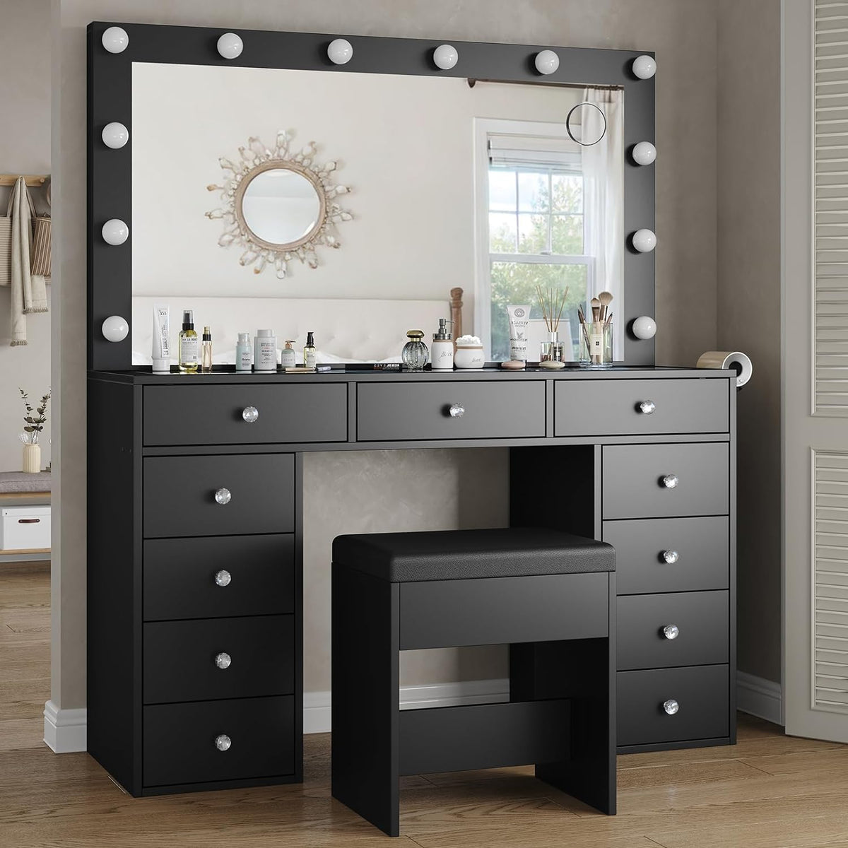 11-Drawer LED Mirror Vanity Desk - Yanosaku