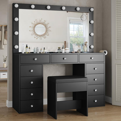 11-Drawer LED Mirror Vanity Desk - Yanosaku