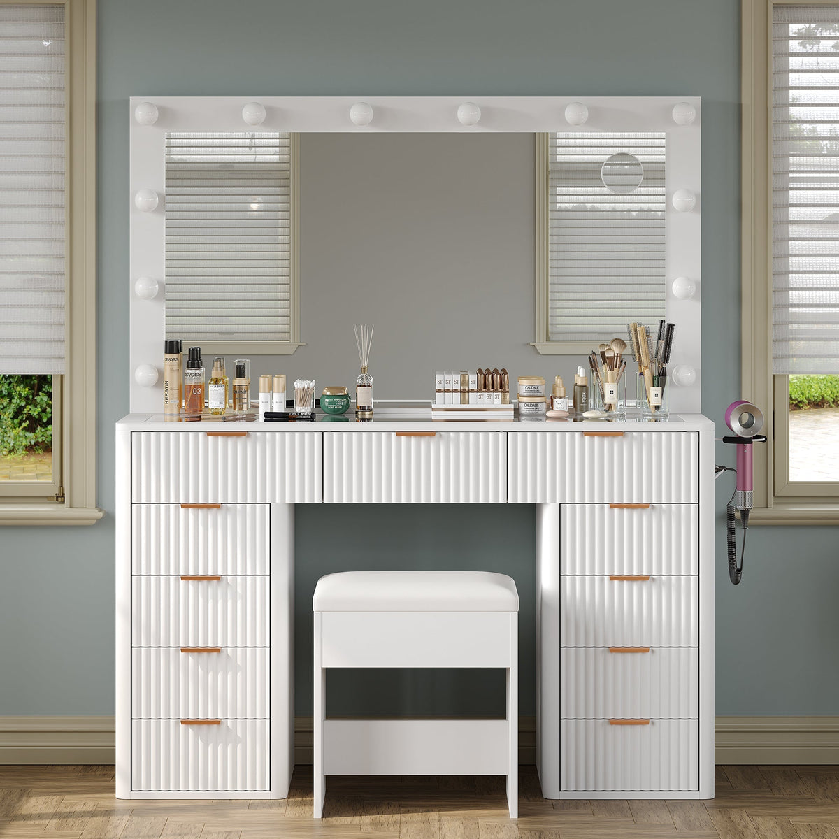 11-Drawer LED Mirror Vanity Desk - Yanosaku