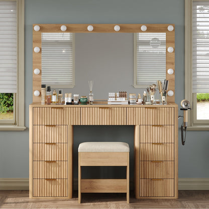 11-Drawer LED Mirror Vanity Desk - Yanosaku