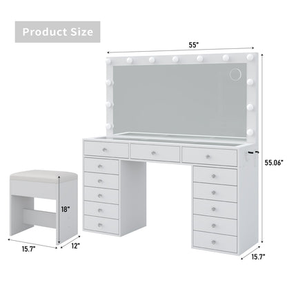 13-Drawer LED Mirror Vanity Desk - Yanosaku