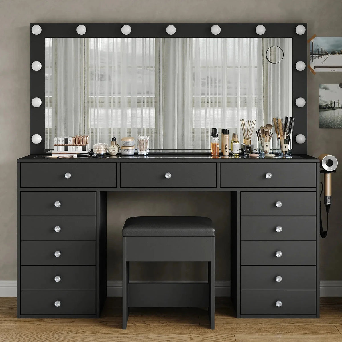 13-Drawer LED Mirror Vanity Desk - Yanosaku