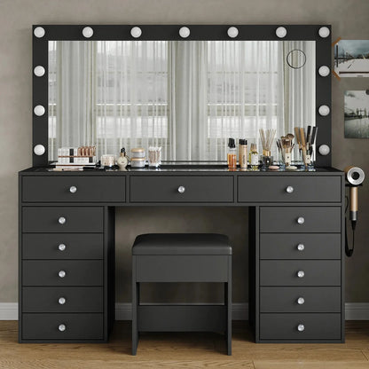 13-Drawer LED Mirror Vanity Desk - Yanosaku