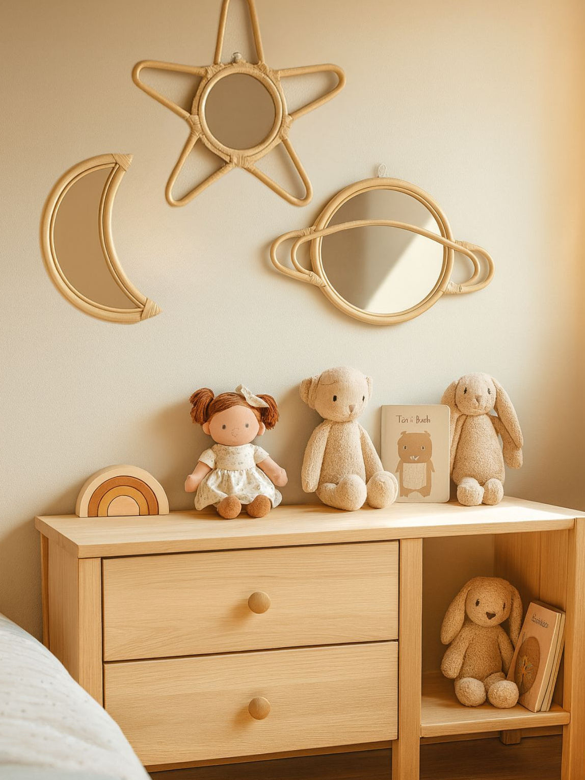 Rattan Moon Wall Mirror – Boho Space &amp; Mystical Kids Room Decor