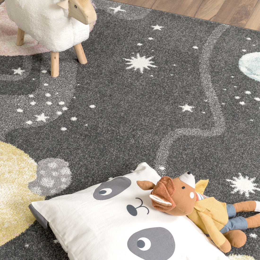 Kids Rug Nino Space with pastel colored Planets Stars in Anthracite