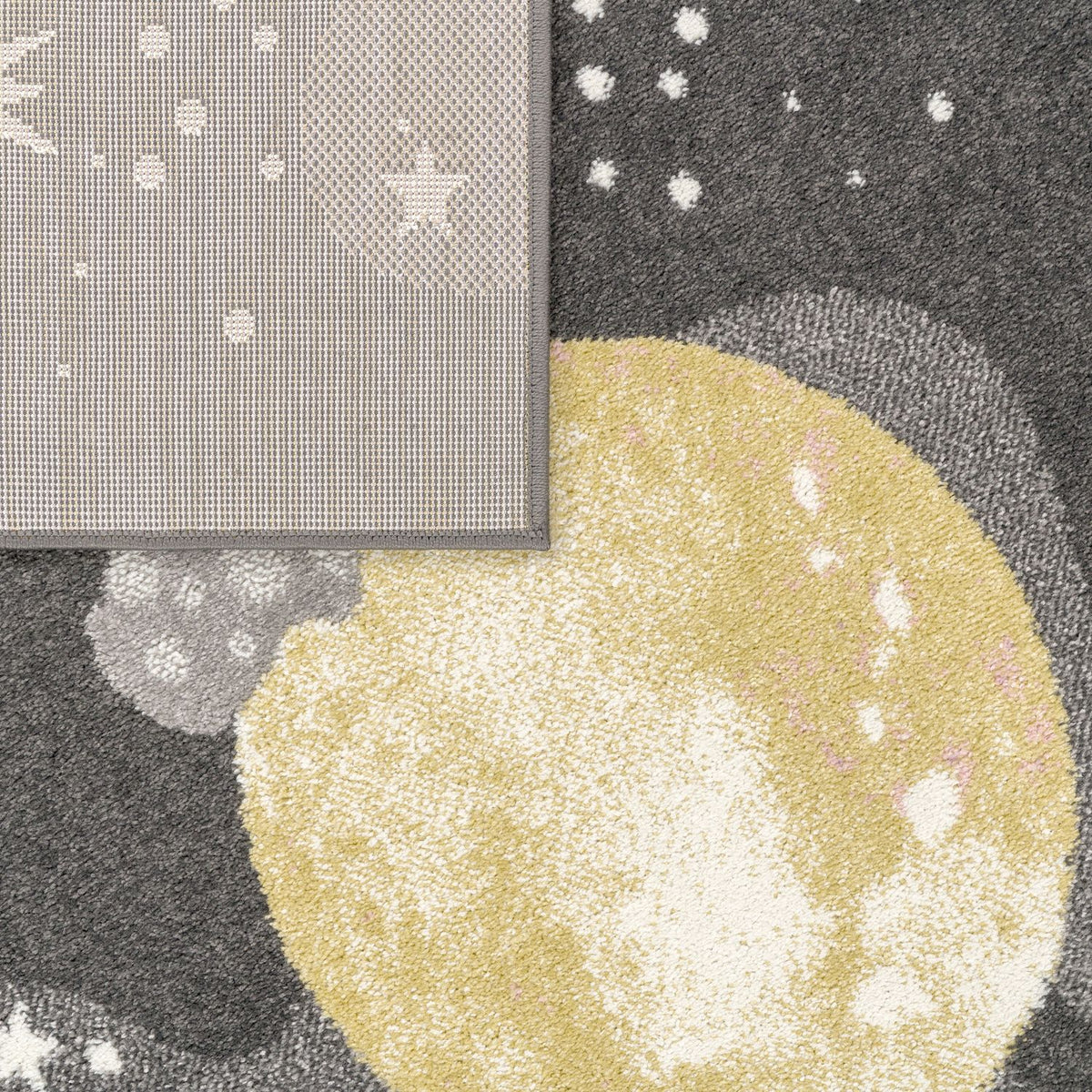 Kids Rug Nino Space with pastel colored Planets Stars in Anthracite