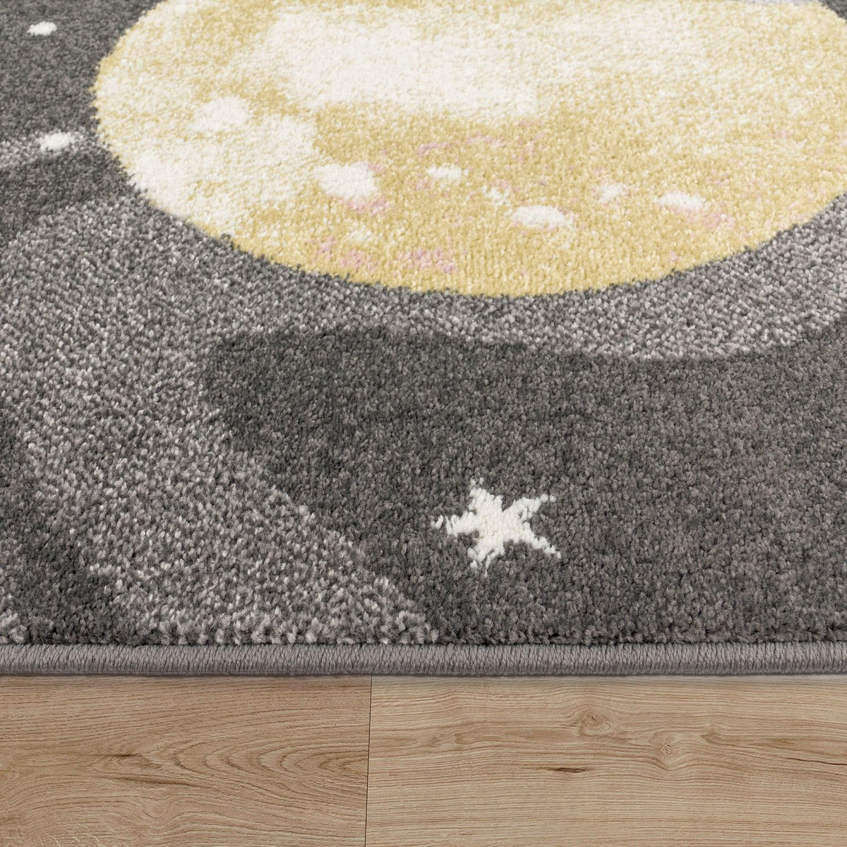 Kids Rug Nino Space with pastel colored Planets Stars in Anthracite